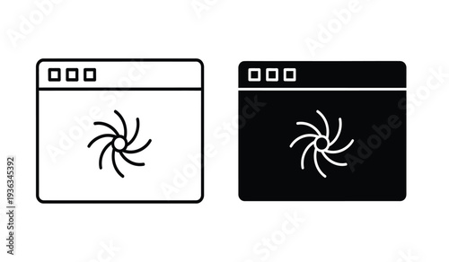 Vector illustration of two browser windows with a loading animation icon in black and white