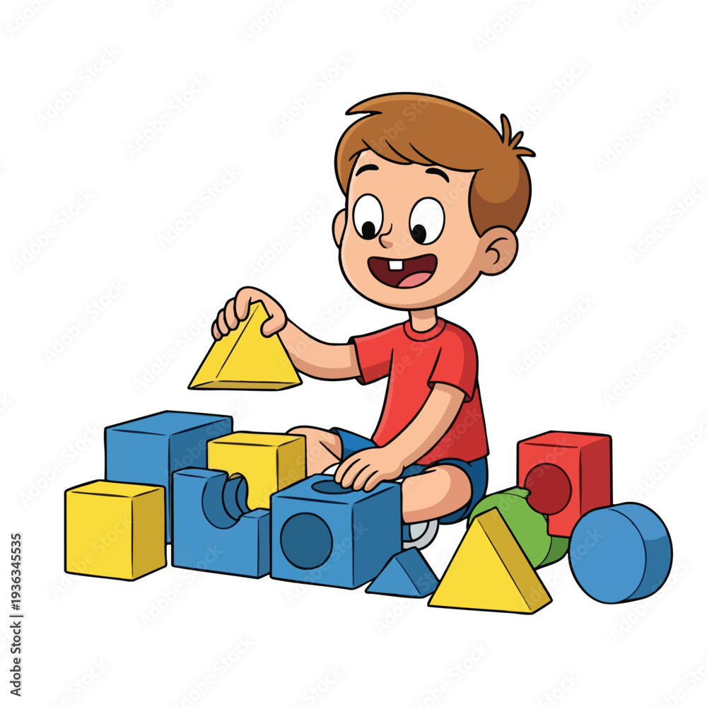 Naklejka premium Happy Child Playing with Colorful Building Blocks in a Playroom