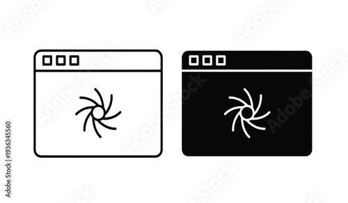 Vector illustration of two browser windows with loading icons in black and white