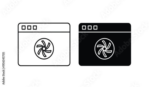 Browser windows with loading animation icons in black and white