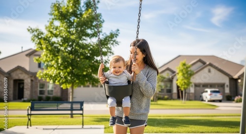 Joyful young mother helps her smiling baby enjoy a swing ride in a sunny suburban park