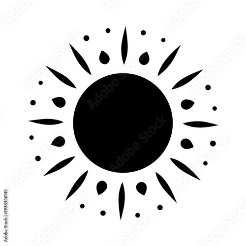 Black and white sun design with rays and dotted circles pattern