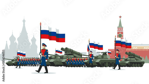 Illustration of soldiers marching with tanks and Russian flags in front of a Kremlin backdrop with a patriotic mood.