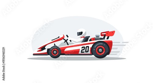 Go Kart Racing Driver in White Helmet Speeding on White Background