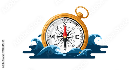 Golden compass on wavy blue sea, navigation and travel concept
