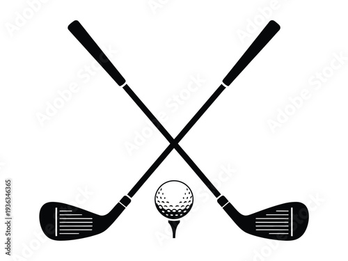 Crossed golf clubs and a golf ball in bold silhouette, golf sport badge style vector illustration with classic equipment symbol isolated on transparent background for tournament logo, sports club 
