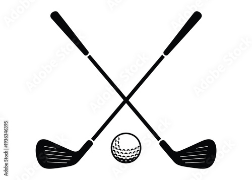 Crossed golf clubs and a golf ball in bold silhouette, minimal golf sport icon symbol with club sticks and ball