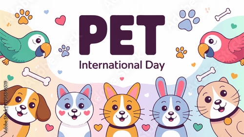 Colorful pets celebrate international pet day with animals and hearts