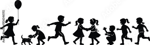 Black Children Silhouette Vector Set Featuring Boys and Girls Running Jumping Holding Balloon Playing With Dog and Shaking Hands for Kids Education and Playful Design