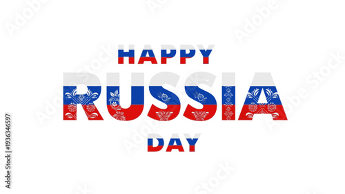 Greeting card or banner with Happy Russia Day text in red, white, and blue colors on a white background.