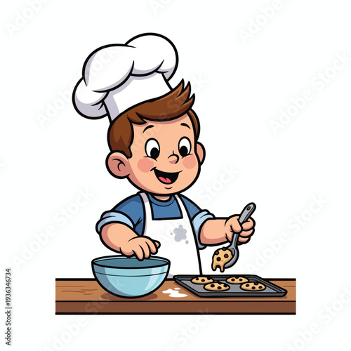 Young Boy Cooking in a Kitchen Preparing a Delicious Meal with a Chef Hat