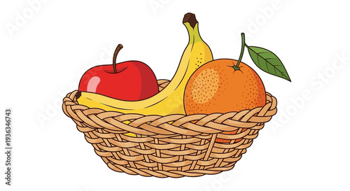 Healthy Fruit Basket: Banana, Apple, Orange in Woven Basket
