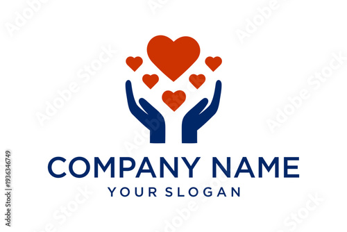 Cupped hands holding and nurturing multiple red hearts, symbolizing love, care, charity, and generosity.