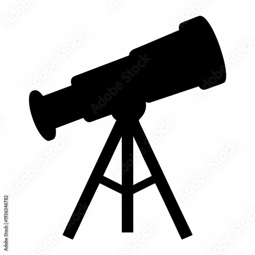 Simple black silhouette of a telescope on a tripod against white backdrop