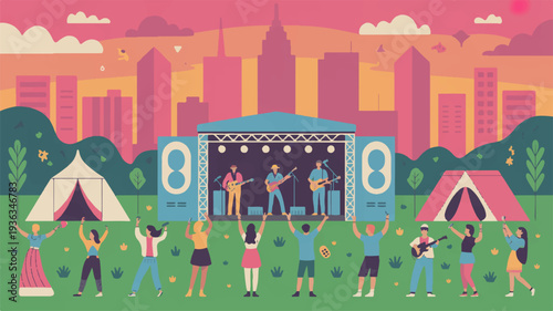 People enjoy outdoor music festival with band on stage in city park at sunset with tents