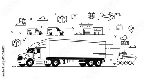 Global logistics and supply chain illustration showing a large semi-truck moving goods between a warehouse, airplane, and cargo ship.