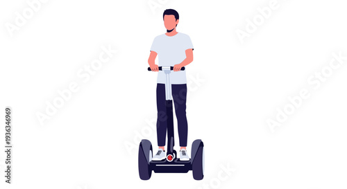 Man Riding Segway Scooter Isolated on White Background, Modern Transportation Concept