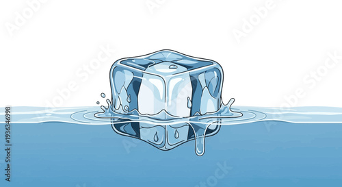 Melting Ice Cube Floating in Water, Refreshing Summer Drink Concept