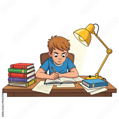 Focused Young Student Studying at Desk with Books and Desk Lamp