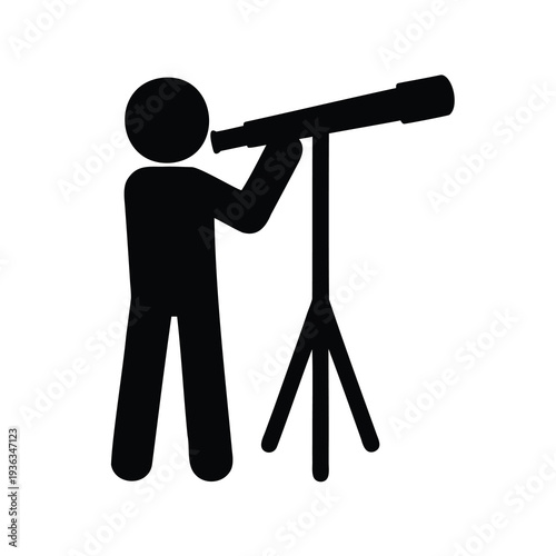 Silhouette of person looking through telescope on tripod for astronomy