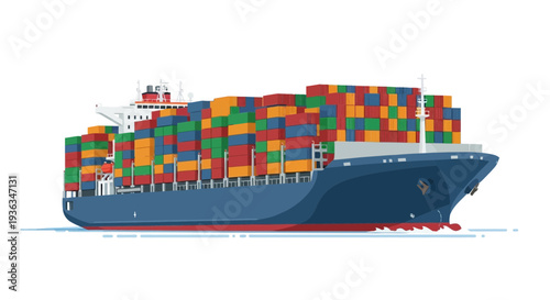 Modern Cargo Ship Loaded with Colorful Containers Sailing on White Background
