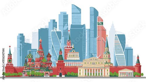 Illustration of Moscow cityscape with historic and modern buildings in a vibrant, stylized flat design against a white background.
