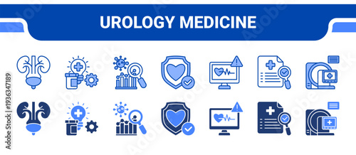 Urology Medicine Icon Collection,  featuring Urology, Clinical Diagnostics, Disease Analysis, Preventive Medicine, Medical Monitoring, Healthcare Research, Medical Imaging.