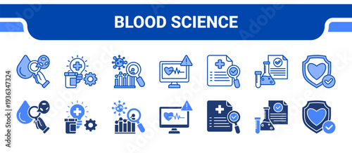 Blood Science Icon Collection,  featuring Hematology, Clinical Diagnostics, Disease Analysis, Medical Monitoring, Healthcare Research, Medical Laboratory, Preventive Medicine.