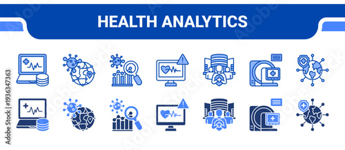 Health Analytics Icon Collection,  featuring Health Data Analytics, Epidemiology Research, Disease Analysis, Medical Monitoring, Public Health, Medical Imaging, Global Health Science.