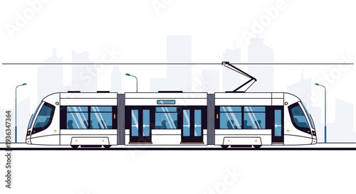 Modern white tram on tracks with city skyline background, public transport illustration