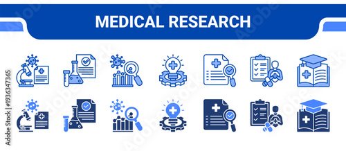 Medical Research Icon Collection,  featuring Medical Research, Clinical Laboratory, Disease Analysis, Medical Innovation, Healthcare Research, Clinical Trials, Medical Education.