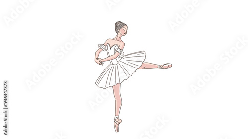 A ballet dancer in a white tutu and pink ballet shoes stands on one leg with the other leg extended, against a plain white background.