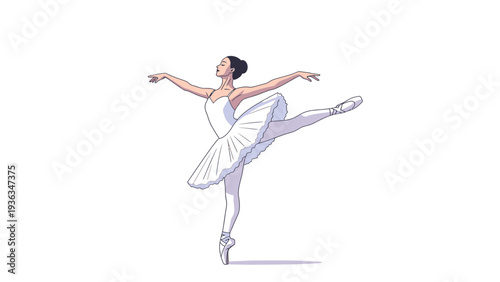 A ballerina in a white tutu and ballet shoes stands on one leg with arms outstretched in a graceful pose against a plain white background.
