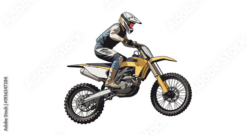 Motocross rider on a yellow dirt bike, jumping, isolated on white background