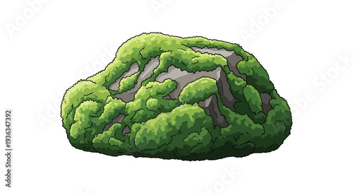 Mossy Rock Isolated on White Background, Pixel Art Illustration