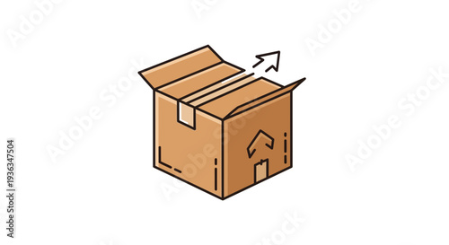 Open cardboard box with arrow indicating movement or delivery, isolated on white.