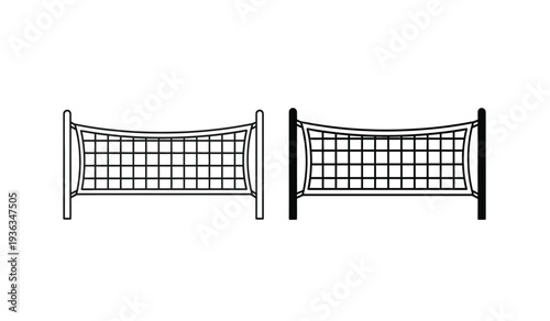 Two black and white illustrations of volleyball nets with different posts