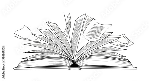 Open Book with Flying Pages Illustration