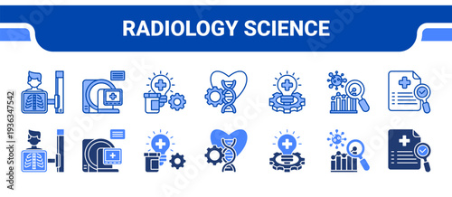 Radiology Science Icon Collection,  featuring Radiology, Medical Imaging, Clinical Diagnostics, Biomedical Engineering, Medical Innovation, Disease Analysis, Healthcare Research.