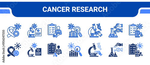 Cancer Research Icon Collection,  featuring Oncology, Medical Research, Clinical Trials, Disease Analysis, Pathology Science, Health Biotechnology, Pharmaceutical Study.