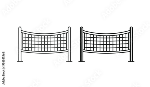 Two volleyball nets with posts and mesh, side by side on a plain background