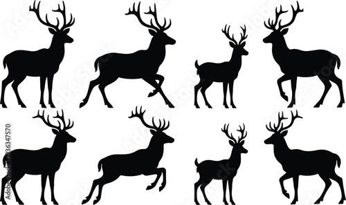 Black Deer and Stag Silhouette Collection Featuring Reindeer Buck With Antlers Running Standing and Walking Poses Isolated on White Background for Hunting Wildlife Nature Vector Design