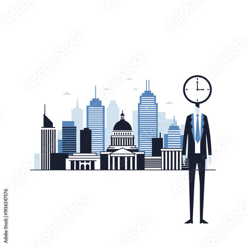 Businessman with Clock Head in Urban Skyline Scene