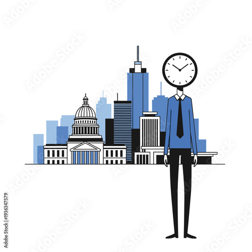 Time Management Concept with Businessman and City Skyline