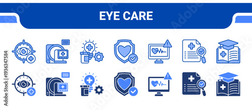 Eye Care Icon Collection,  featuring Ophthalmology, Medical Imaging, Clinical Diagnostics, Preventive Medicine, Medical Monitoring, Healthcare Research, Medical Education.