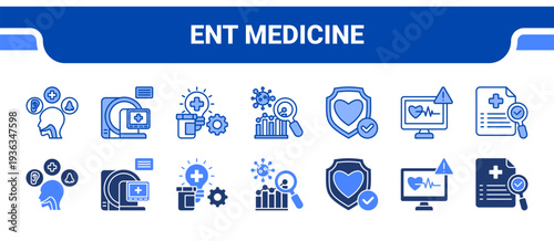 ENT Medicine Icon Collection,  featuring Otolaryngology, Medical Imaging, Clinical Diagnostics, Disease Analysis, Preventive Medicine, Medical Monitoring, Healthcare Research.