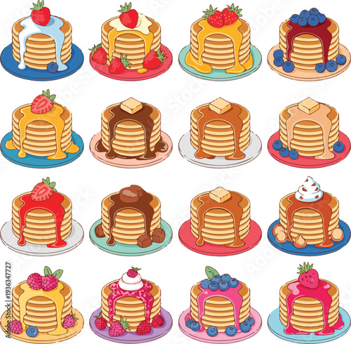 Stacks of pancakes with various toppings and sauces breakfast food colorful syrup