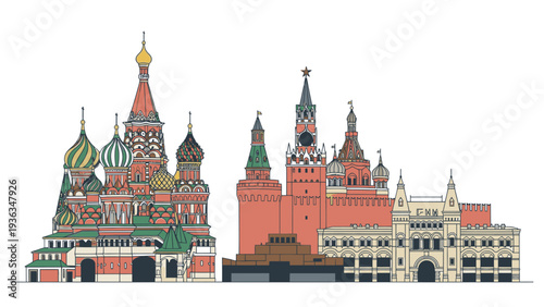 Illustration of a Moscow cityscape skyline featuring iconic buildings and towers in various colors against a white background.