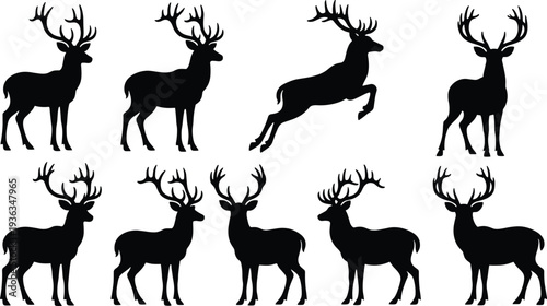 Black Deer Silhouette Vector Set Featuring Majestic Bucks With Large Antlers In Standing And Leaping Poses For Hunting Wildlife Nature And Forest Graphic Design Projects