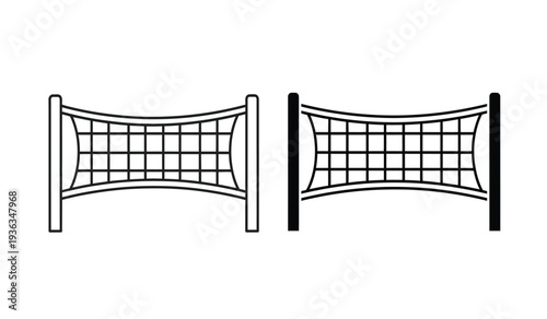 Two black and white illustrations of volleyball nets with different posts